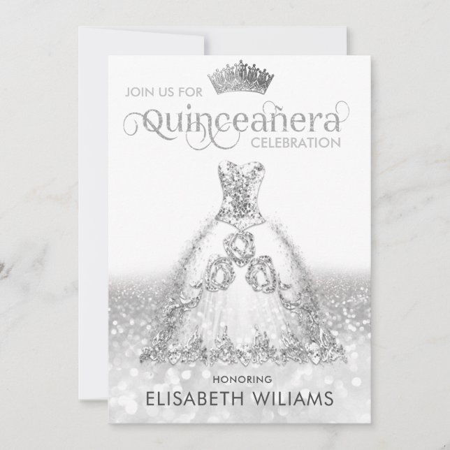 Silver Glitzer Kleid ombre tiara Quinceañera Invi Einladung (Vorderseite)