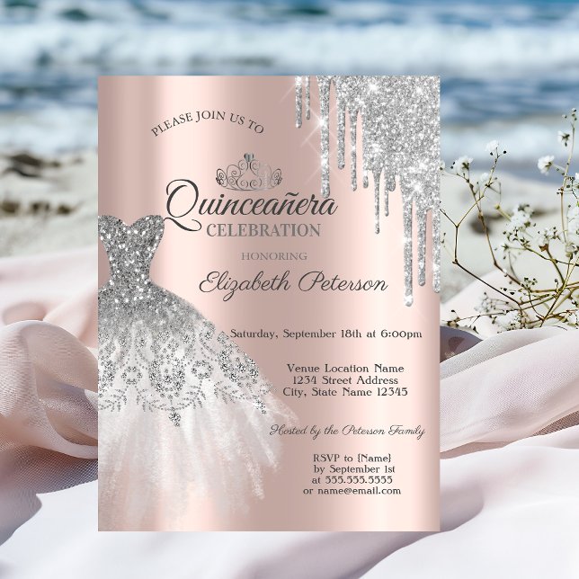 Silver Glitzer Kleid, Tropfens Rose Gold Quinceañe Einladung (Von Creator hochgeladen)