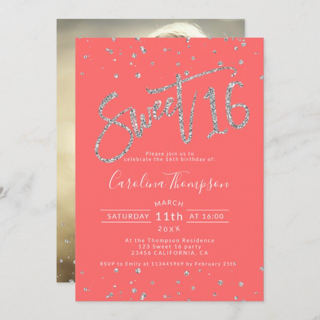 Silver Glitzer Konfetti Koralle Sweet 16 Foto Einladung (Vorne/Hinten)