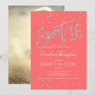 Silver Glitzer Konfetti Koralle Sweet 16 Foto Einladung