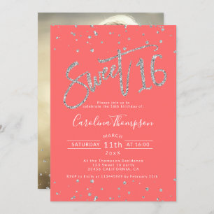 Silver Glitzer Konfetti Korallen Süß 16 Foto Einladung