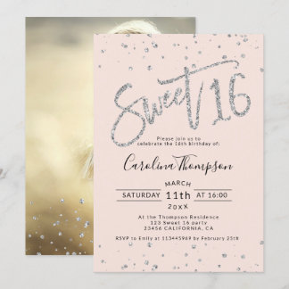 Silver Glitzer Konfetti rot Sweet 16 Foto Einladung
