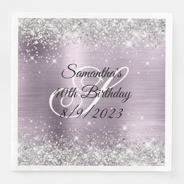 Silver Glitzer Lavender Foil 40. Geburtstag Serviette (Vorderseite)