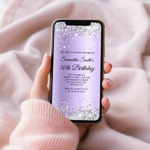 Silver Glitzer Lavender Satin 50. Geburtstag Einladung