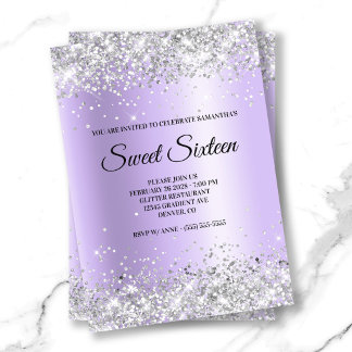 Silver Glitzer Lavender Satin Foil 16 . Geburtstag Einladung