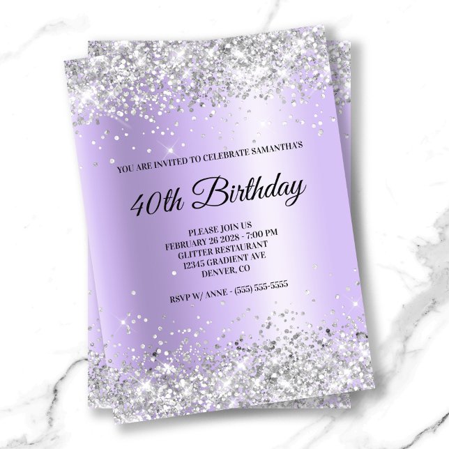 Silver Glitzer Lavender Satin Foil 40. Geburtstag Einladung (Silver Glitter Lavender Satin Foil 40th Birthday Invitation)