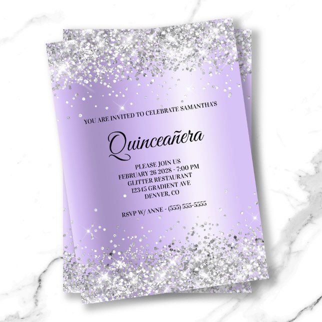 Silver Glitzer Lavender Satin Foil Quinceanera Einladung (Silver Glitter Lavender Satin Foil Quinceanera Invitation)