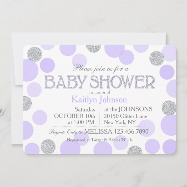 Silver Glitzer Lavender Scattered Dots Baby Dusche Einladung (Vorderseite)