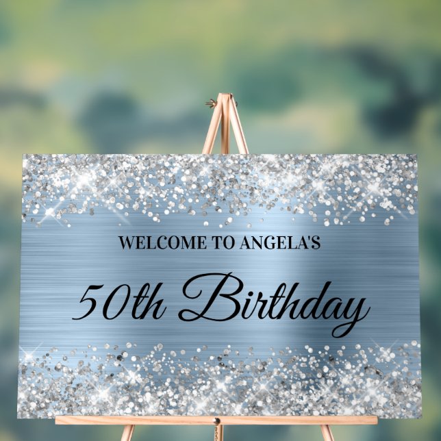 Silver Glitzer Light Blue 50. Geburtstag Willkomme Acrylschild (Neutral)
