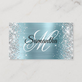 Silver Glitzer Light Blue Foil Extravagant Monogra Visitenkarte
