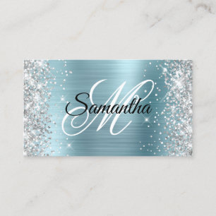 Silver Glitzer Light Blue Foil Extravagant Monogra Visitenkarte