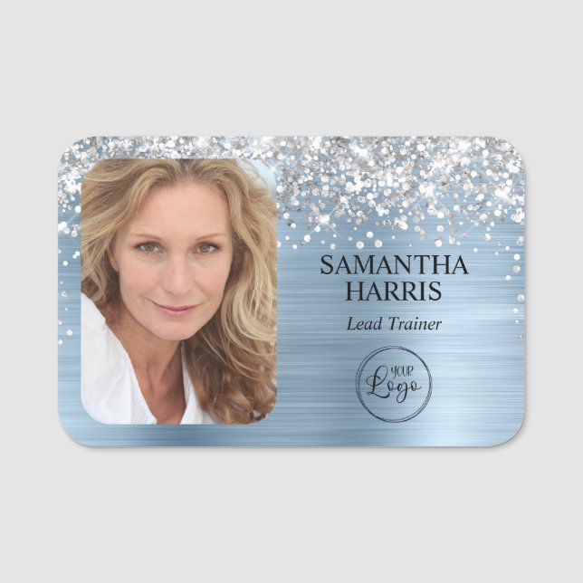 Silver Glitzer Light Blue Foil Logo und Foto Namensschild (Vorderseite)