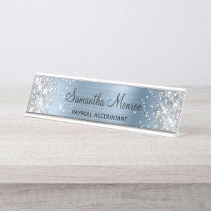 Silver Glitzer Light Blue Foil Schreibtischnamensplakette