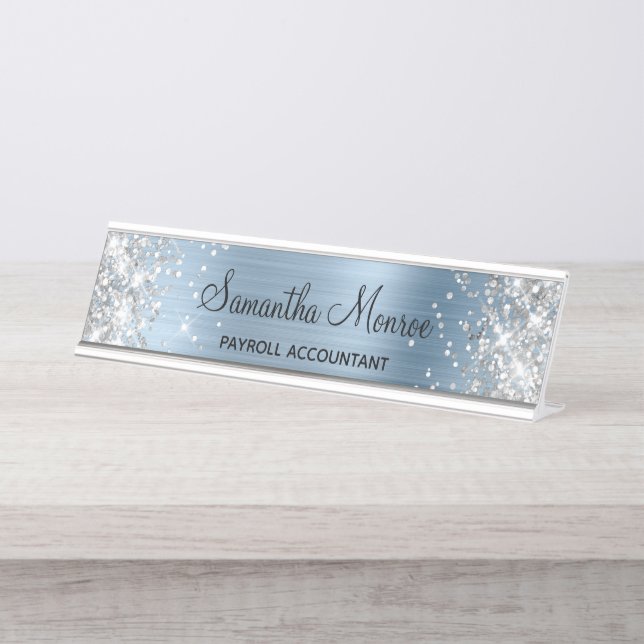 Silver Glitzer Light Blue Foil Schreibtischnamensplakette (Vorderseite )