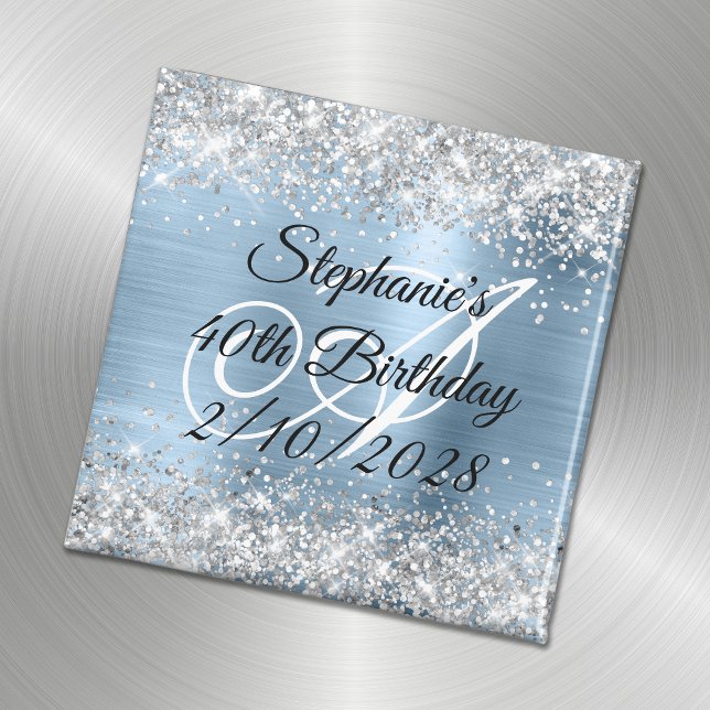 Silver Glitzer Light Blue Monogram 40. Geburtstag Magnet (Von Creator hochgeladen)