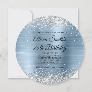 Silver Glitzer Light Blue Monogram 75. Geburtstag Einladung