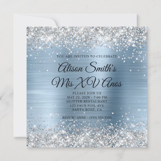 Silver Glitzer Light Blue Monogram Mis XV Anos Einladung (Vorderseite)