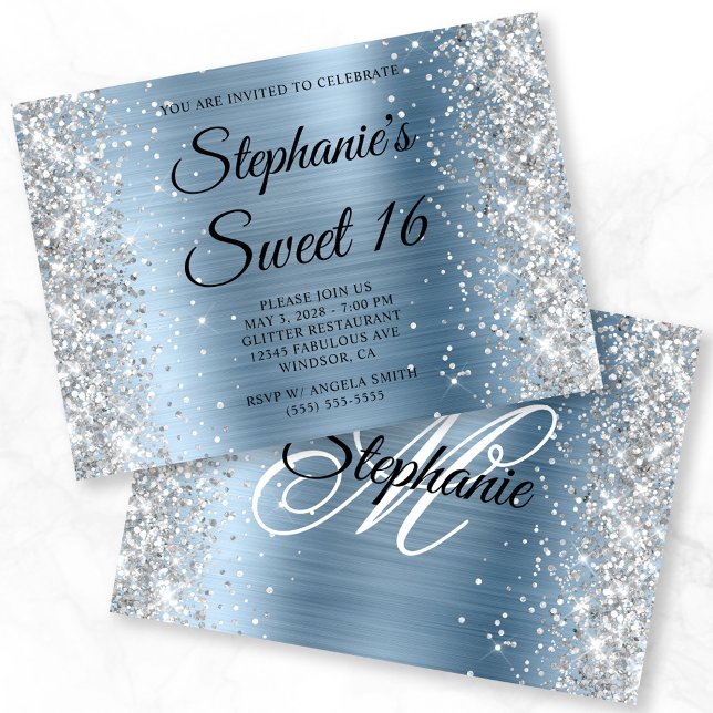 Silver Glitzer Light Blue Monogram Sweet 16 Einladung (Silver Glitter Light Blue Monogram Sweet 16 Invitation)
