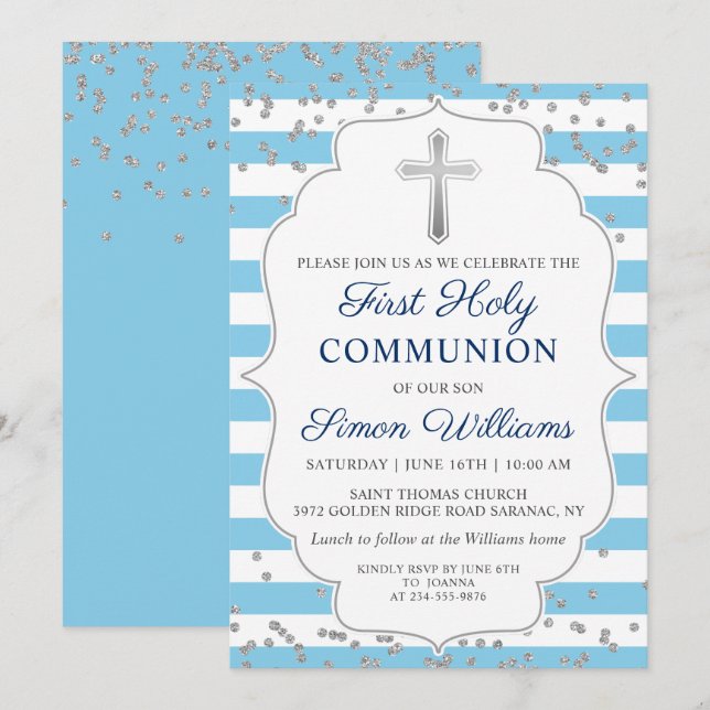 Silver Glitzer Light Blue Stripes erste Kommune Einladung (Vorne/Hinten)