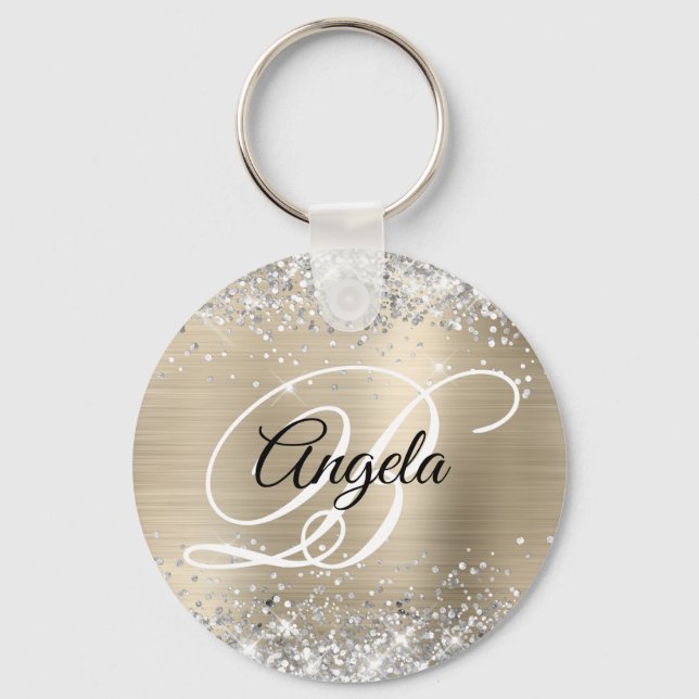 Silver Glitzer Light Gold Foil Extravagant Monogra Schlüsselanhänger (Vorderseite)