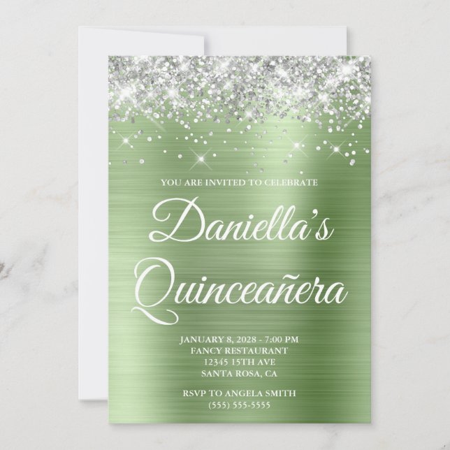 Silver Glitzer Light Green Foil Quinceañera Einladung (Vorderseite)