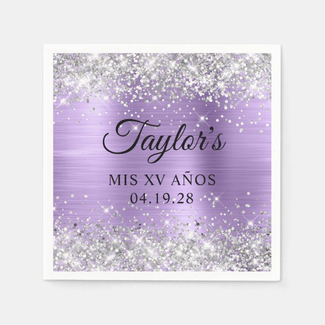 Silver Glitzer Light Lila Foil Mis XV Anos Serviette (Vorderseite)