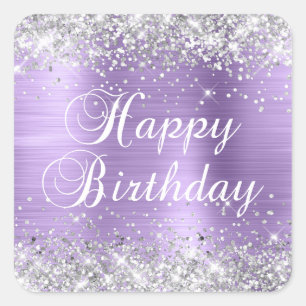 Silver Glitzer Light Lila Happy Birthday Quadratischer Aufkleber