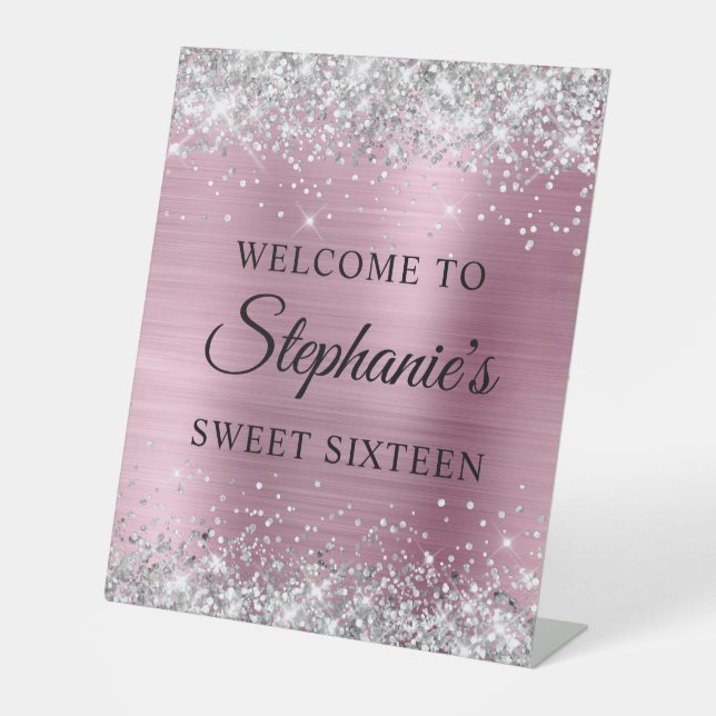 Silver Glitzer Light Pink Foil 16 . Geburtstag Sockelschild (Vorderseite)
