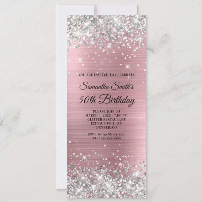 Silver Glitzer Light Pink Foil 50. Geburtstag Einladung (Vorderseite)
