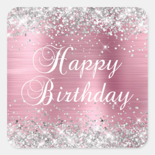 Silver Glitzer Light Pink Foil Happy Birthday Quadratischer Aufkleber