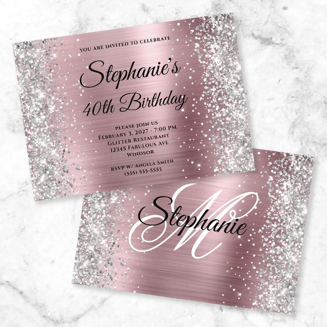 Silver Glitzer Light Pink Monogram 40. Geburtstag Einladung (Von Creator hochgeladen)