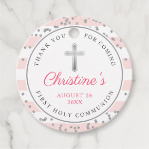 Silver Glitzer Light Pink Stripes Erstkommunion Geschenkanhänger