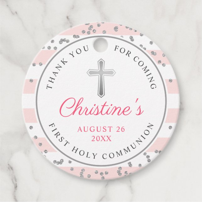 Silver Glitzer Light Pink Stripes Erstkommunion Geschenkanhänger (Vorderseite)