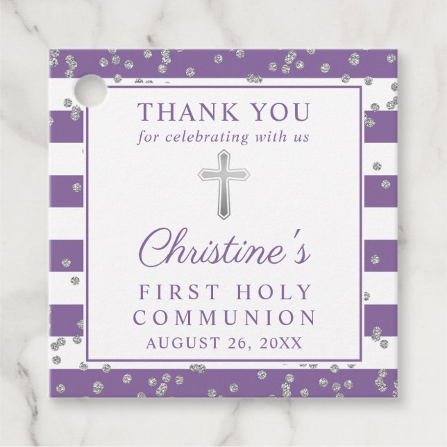 Silver Glitzer Lila Erste Kommune Vielen Dank Geschenkanhänger (Vorderseite)