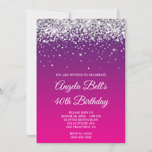 Silver Glitzer Lila Pink Gradient 40. Geburtstag Einladung