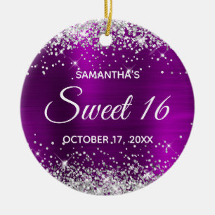 Silver Glitzer Magenta Lila Foil Sweet 16 Keramik Ornament