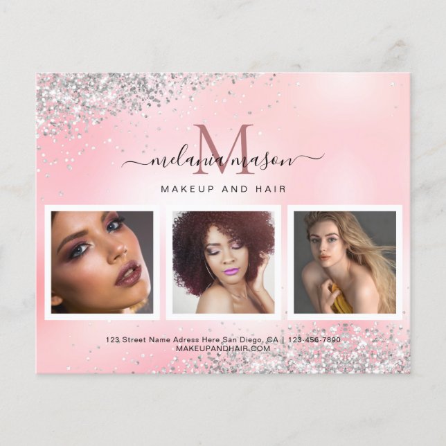 Silver Glitzer Makeup Artist Salon Foto Pink Flyer (Vorne)