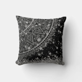 Silver Glitzer Mandala mit Silberstern auf schwarz Kissen