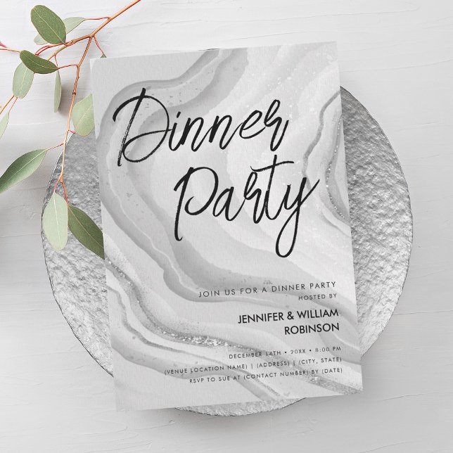 Silver Glitzer Marbella Script Dinner Party Einladung (Silver Glitter Marble Script Dinner Party Invitation)