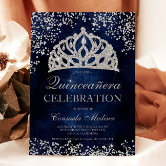 Silver Glitzer Marine blaues Foto Tiara Quinceañer Einladung