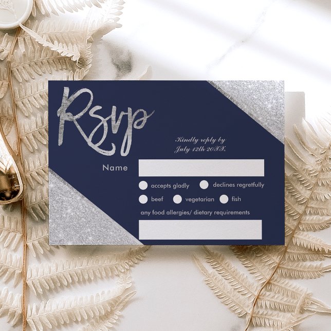 Silver Glitzer Marine Blue Skript Hochzeit Rsvp Karte (Von Creator hochgeladen)