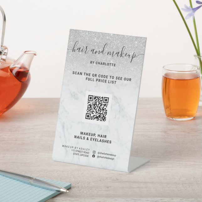 Silver Glitzer Marmor Makeup Digital QR Preis Sockelschild (In SItu)