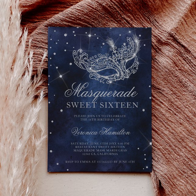 Silver Glitzer Masquerade Maske blau Sweet 16 Einladung (Silver glitter masquerade mask navy blue Sweet 16 Invitation)