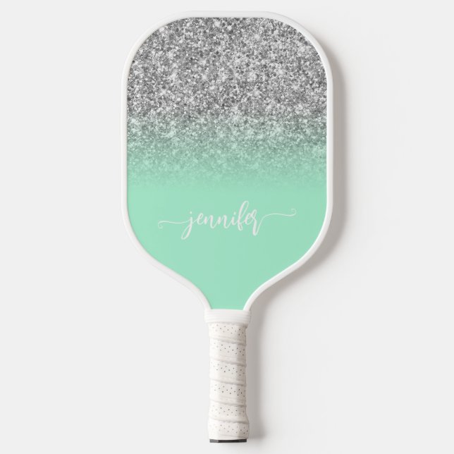 Silver Glitzer Mint Green Ombre Modernes Script Pickleball Schläger (Vorderseite)