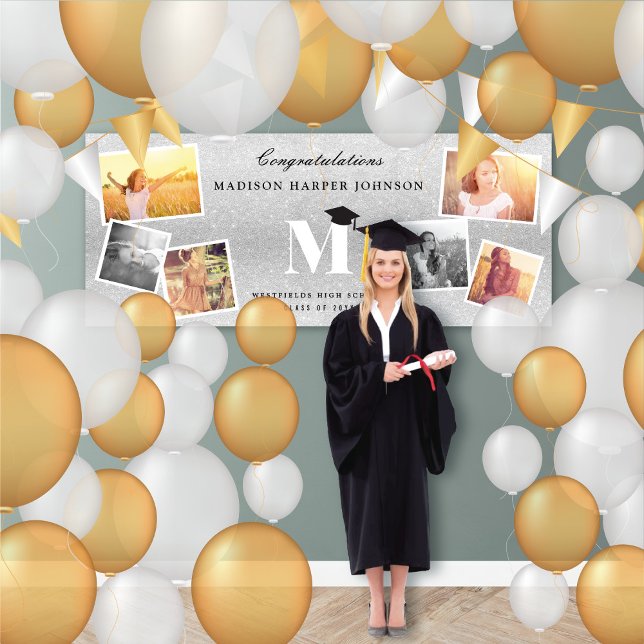 Silver Glitzer Monogram 6 Foto Graduation Party Banner (Silver Glitter Name Monogram 6 Photo Chic Graduation Party Banner @ www.zazzle.com/color_therapy)