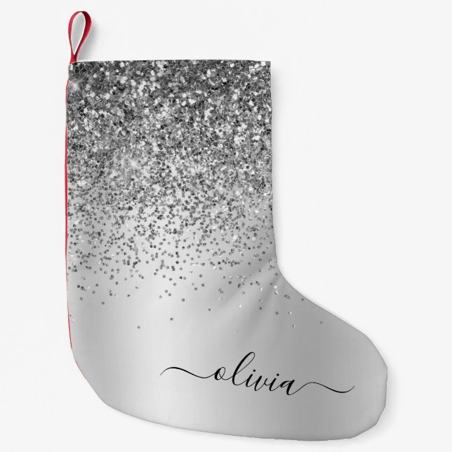 Silver Glitzer Monogram Name Luxury Girl Kleiner Weihnachtsstrumpf (Vorderseite)