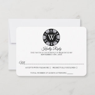 Silver Glitzer Monogram Poker Chip Casino Hochzeit RSVP Karte