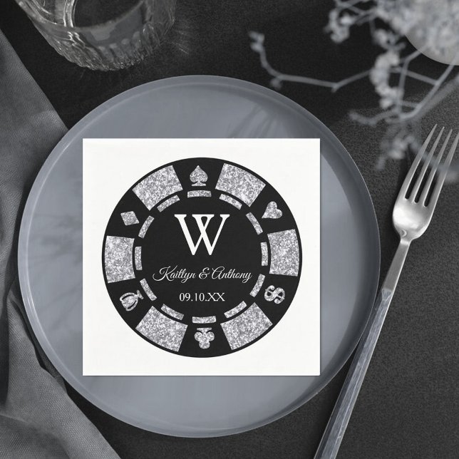Silver Glitzer Monogram Poker Chip Casino Hochzeit Serviette (Von Creator hochgeladen)