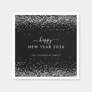 Silver Glitzer Name Black Happy New Year 2026 Serviette