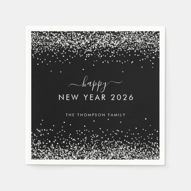 Silver Glitzer Name Black Happy New Year 2026 Serviette (Vorderseite)